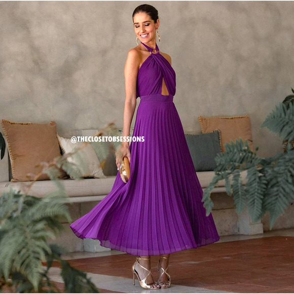 ZARA Purple Halter Pleated Midi Dress NWT Gold Buckle Cutout, Size L, XL - Picture 9 of 16